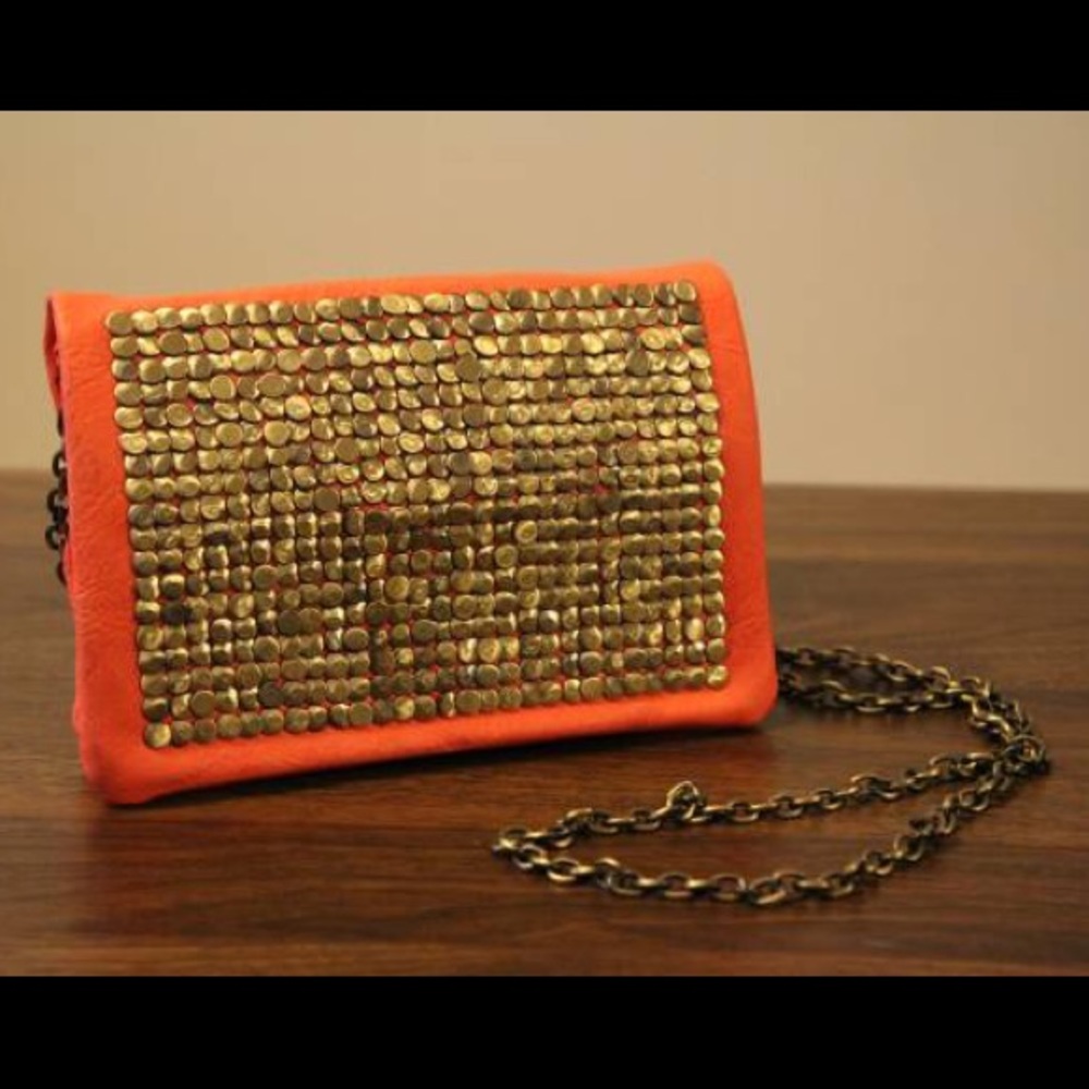 Deena & Ozzy Gold studded Orange Vegan Clutch with Chain